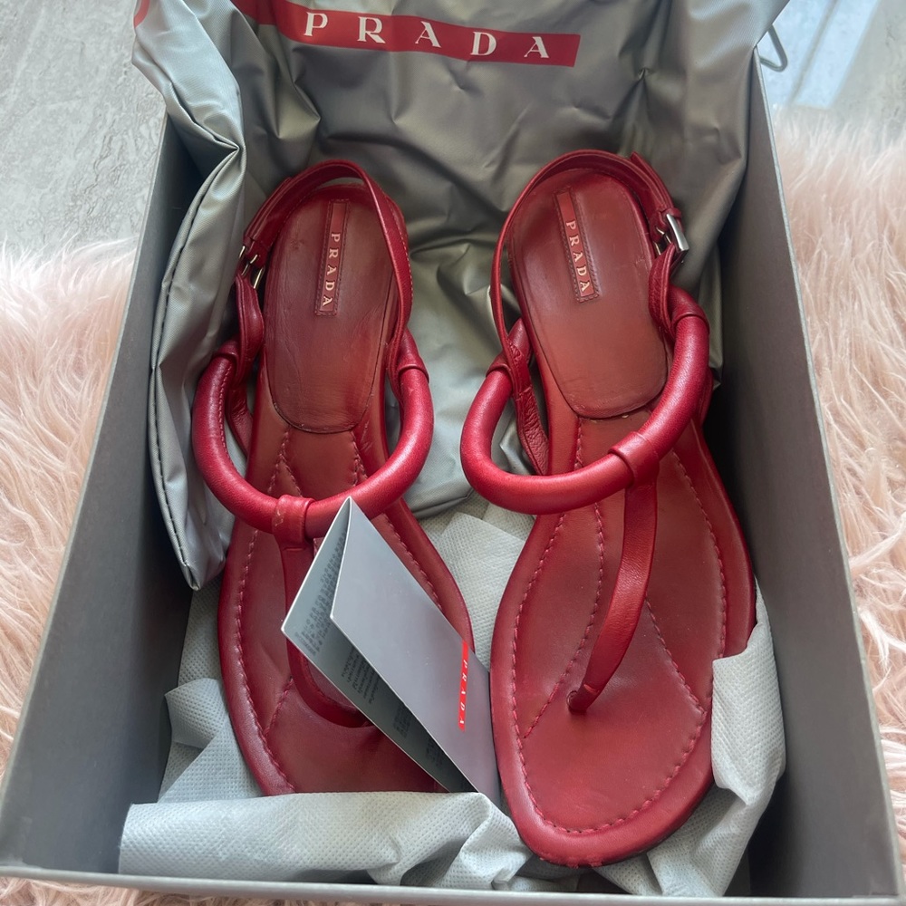 Used good condition Red softleather Prada wedge sandals size 10 worn plenty life